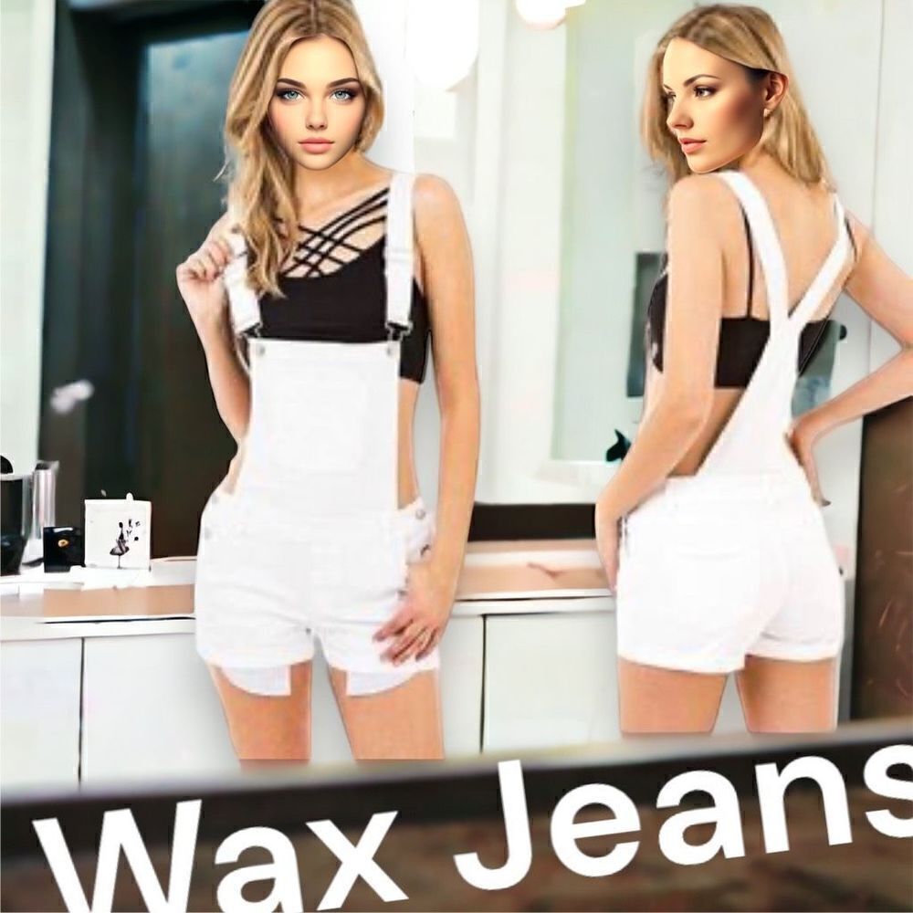 Wax Jean Women's Cuffed Leg Shortall Denim Romper Jumpsuit White Size Small
